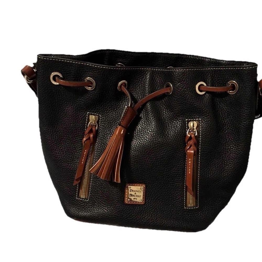 Dooney & Bourke Black Pebbled Leather Drawstring Bucket Bag with Brown Trim - Picture 2 of 11